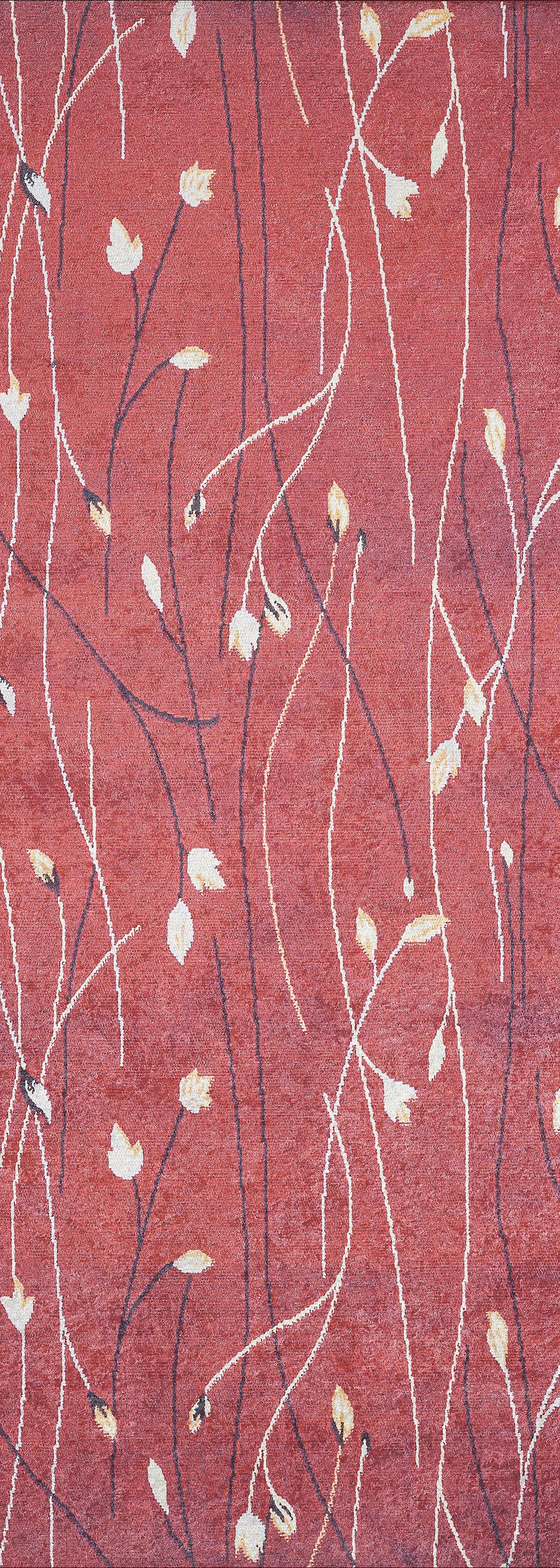 The Secret Garden - Washable Rug - JR1656 features a red base with thin wavy cream and black lines plus scattered white and beige leaf shapes—ideal for high-traffic areas.