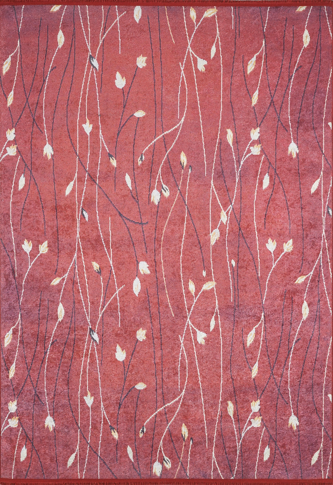 The Secret Garden - Washable Rug - JR1656 (Custom Size) features a red base with thin wavy cream and dark lines plus small beige leaves, offering a simple, floral-inspired look perfect for high-traffic areas.