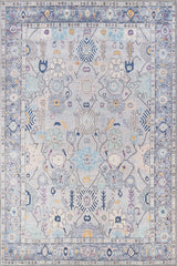 The Seraphix Pastel Bordered Washable Rug - LCC3011 features geometric and floral patterns in pastel blues, lavender, cream, and yellow. Durable and ideal for high-traffic areas, its symmetrical motifs and detailed border add elegance.
