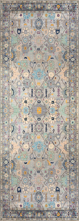 The Seraphix Pastel Bordered Washable Rug - LCC3011 features intricate symmetrical floral and geometric patterns in pastel blue, yellow, and cream with a detailed repeating border, ideal for high-traffic spaces.