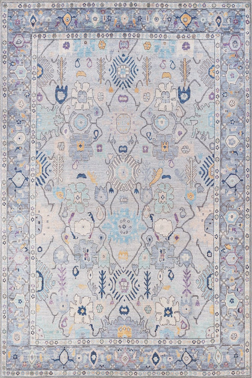 Bild 1 in Galerieansicht laden. The Seraphix Pastel Bordered Washable Rug - LCC3011 (Custom Size) features a light blue and cream background with detailed floral and geometric patterns in blue, yellow, and lavender—ideal for high-traffic areas.