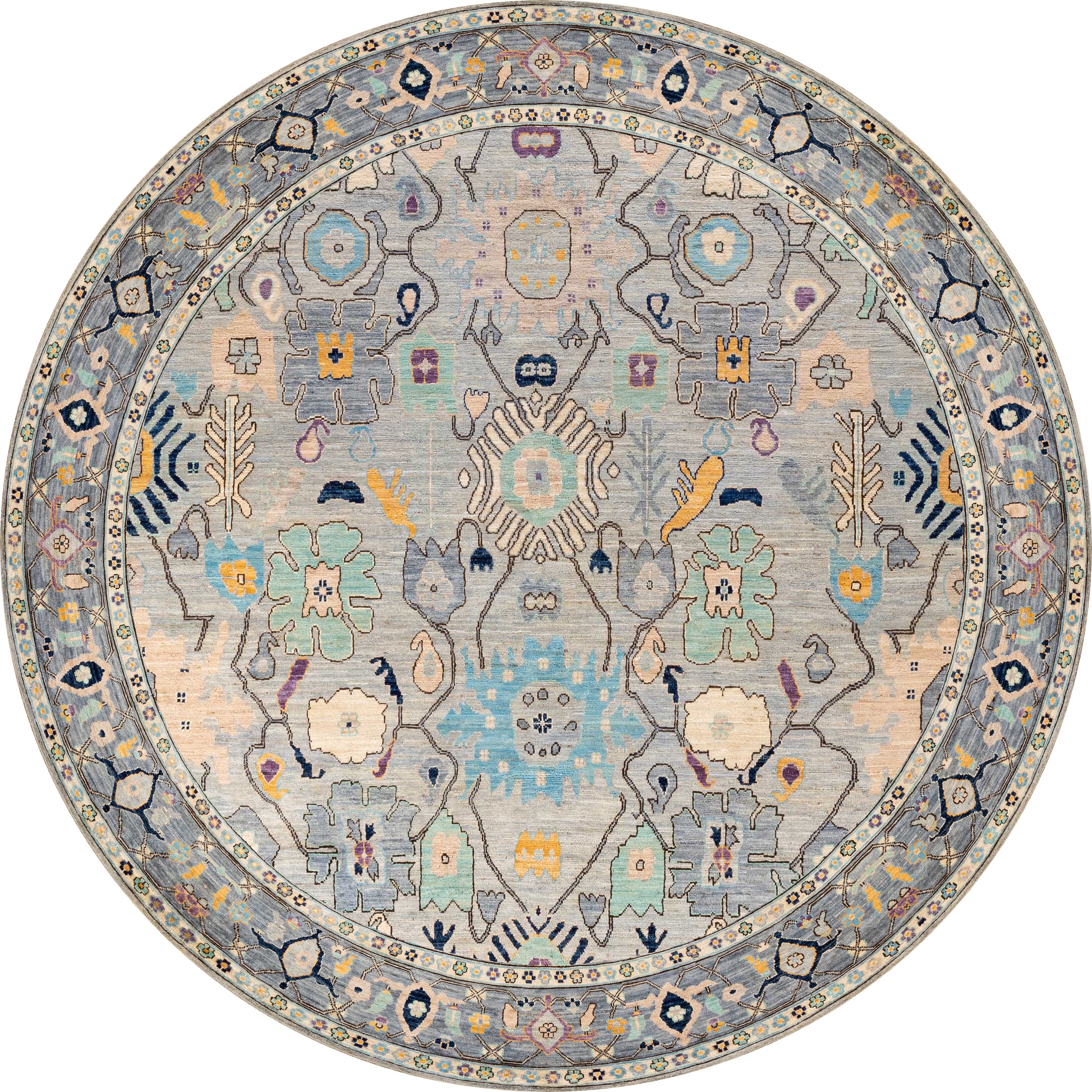The Seraphix Pastel Bordered Washable Rug - LCC3011 (Custom Size) features floral and geometric motifs in blue, beige, yellow, and gray with a decorative border—perfect for high-traffic areas.