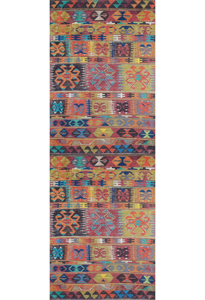 The Serene Sahara - Washable Rug - JR1959 features bold multicolor geometric and tribal patterns. With rows of diamonds, triangles, and stylized motifs, it adds vibrant style to high-traffic spaces and is easy to clean.