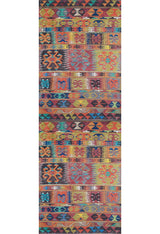 The Serene Sahara - Washable Rug - JR1959 features bold multicolor geometric and tribal patterns. With rows of diamonds, triangles, and stylized motifs, it adds vibrant style to high-traffic spaces and is easy to clean.