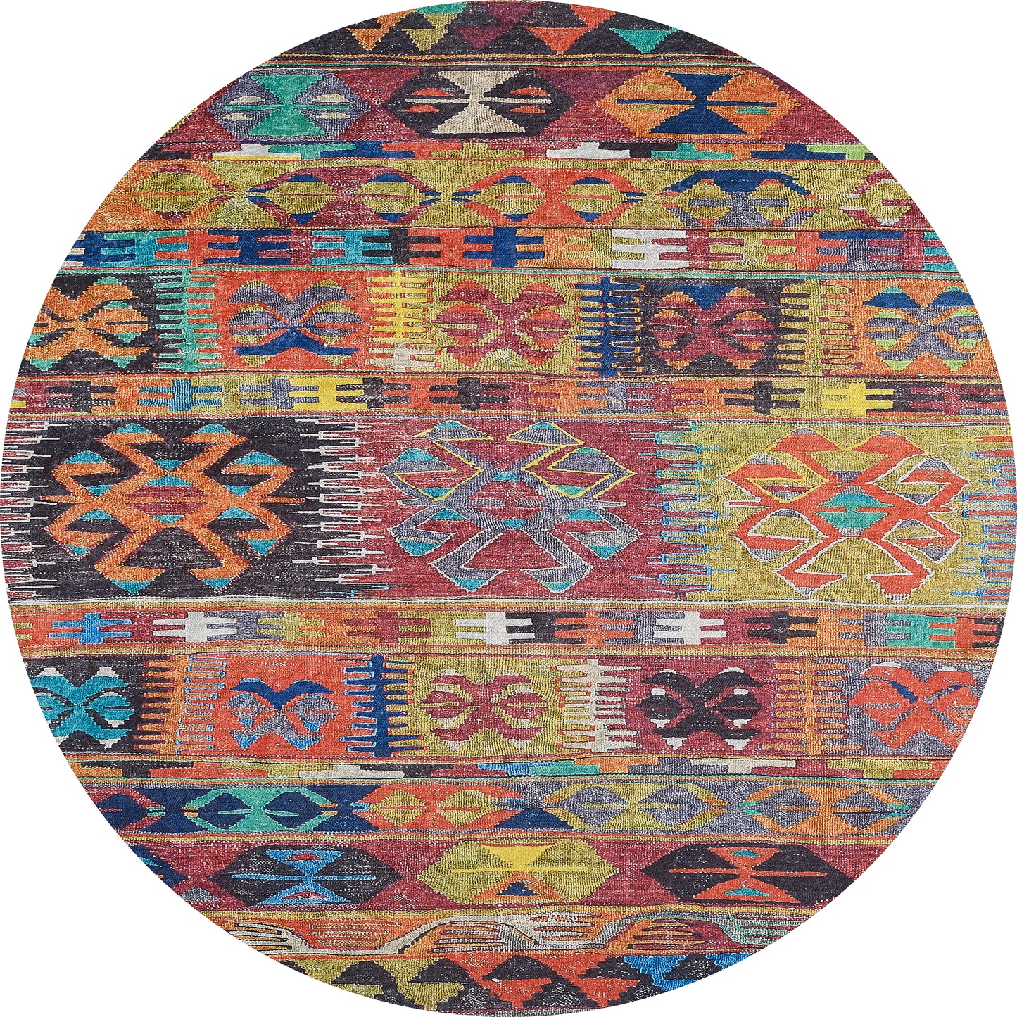 The Serene Sahara - Washable Rug - JR1959 is an oval-shaped, multicolor rug with vibrant geometric and tribal patterns in red, yellow, blue, green, and orange. It's durable and washable—ideal for high-traffic areas.