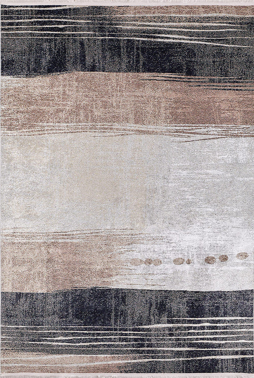 Load image 1 in gallery view. The Serene Swirls - Washable Rug - JR952 (Custom Size) features horizontal brushstroke bands in beige, taupe, black, and gray with textured patterns and dots—ideal for high-traffic areas.
