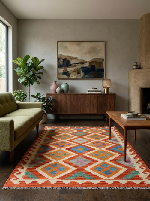 Load image 1 in gallery view. A mid-century modern living room with a green sofa, wood coffee table, sideboard with vases, abstract wall art, and the Silk Road - Handwoven Kilim (Outlet) US rug on dark wood floors. A potted plant sits by the window.