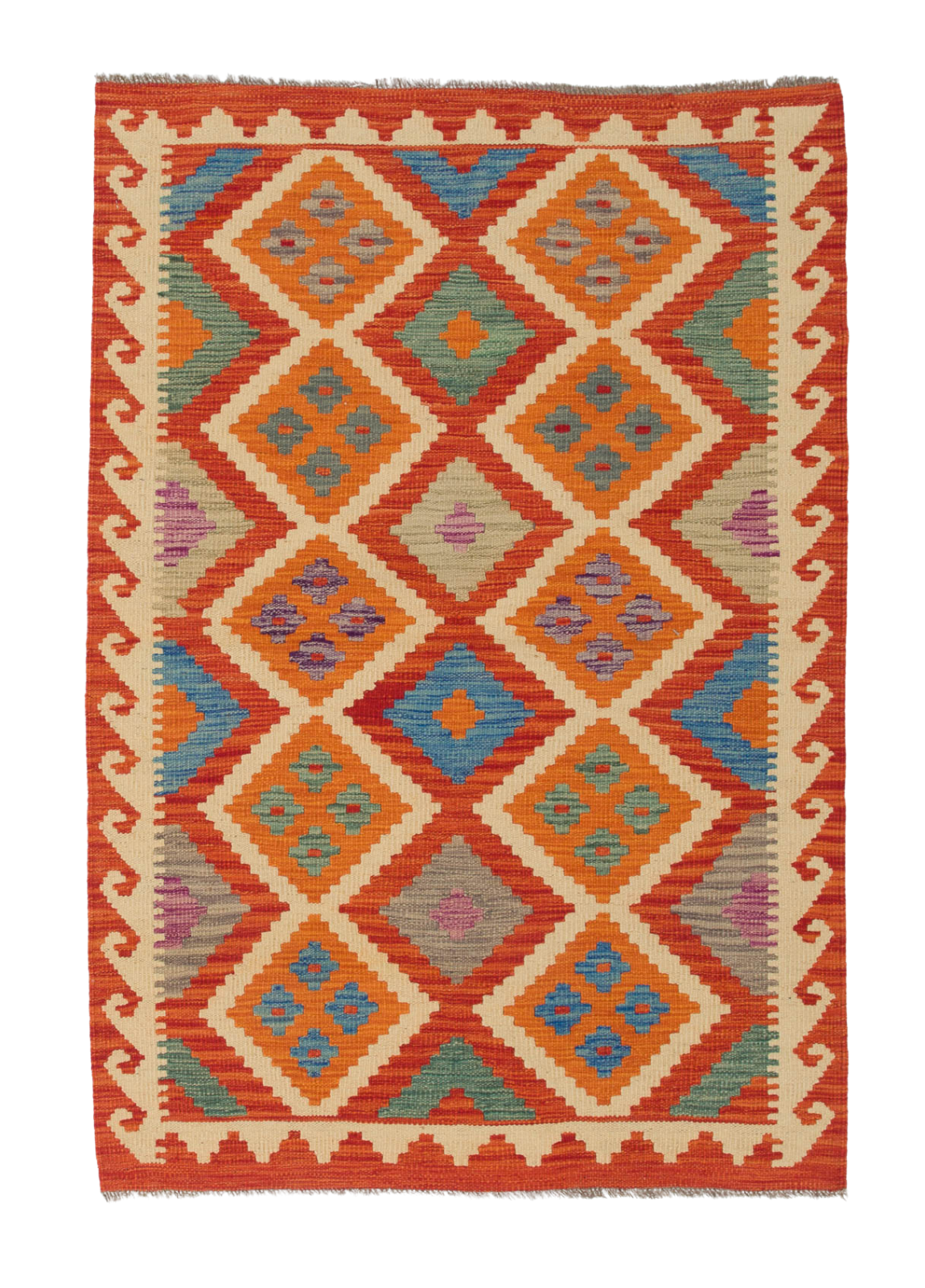 The Silk Road - Handwoven Kilim (Outlet) US is a square flatweave rug with a geometric diamond pattern in orange, red, blue, and green hues, bordered by cream and red zigzag designs.