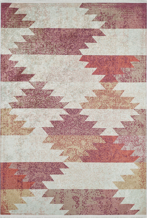 Load image 1 in gallery view. The Simplistic Artistry - Washable Rug - JR1647 (Custom Size) is a rectangular red rug with burgundy, rust, beige, and cream chevron patterns, subtle floral motifs, and a distressed vintage look—ideal for high-traffic areas.