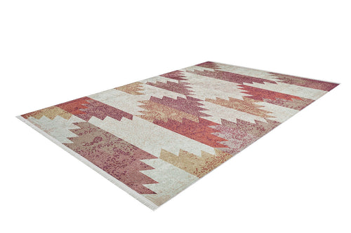 Load image 1 in gallery view. The Simplistic Artistry - Washable Rug - JR1647 (Custom Size) features a geometric zigzag pattern in red, orange, and beige, ideal for high-traffic areas and shown on a white background.