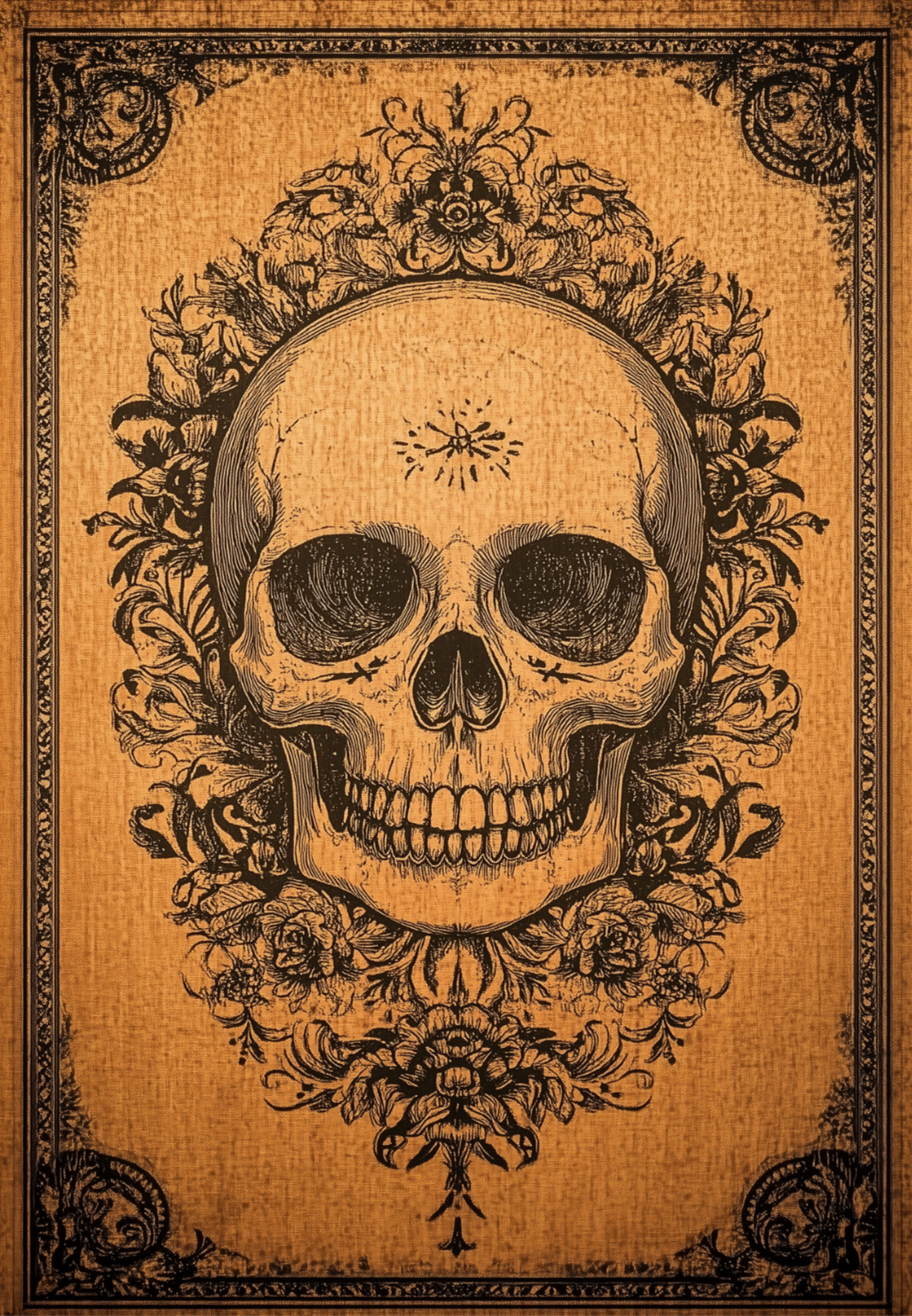 The Skull Frame - Washable Rug (HLW006) features a detailed black ink skull with ornate floral patterns on a textured brown background, evoking antique book covers—perfect for adding unique style to high-traffic areas.