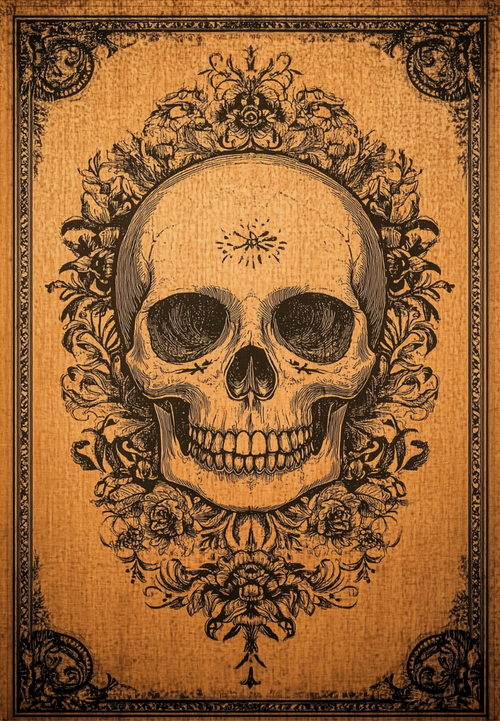 Load image 1 in gallery view. The Skull Frame - Washable Rug (HLW006) features a detailed black ink skull with ornate floral patterns on a textured brown background, evoking antique book covers—perfect for adding unique style to high-traffic areas.