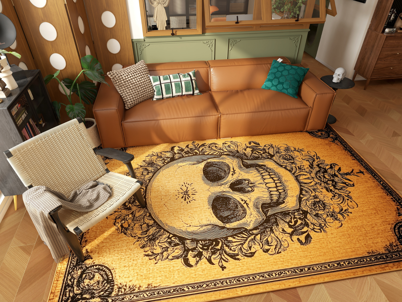 A cozy living room features the Skull Frame - Washable Rug - HLW006, a large yellow-gold rug with an ornate skull design. Paired with a brown leather sofa and beige armchair, it's perfect for vibrant style and easy care in high-traffic areas.
