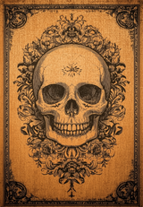 Skull Frame - Washable Rug - HLW006 (Custom Size): Features a detailed black ink skull with ornate floral designs on a brown parchment-style background, bordered in vintage yellow-gold, combining classic style with modern washable convenience.