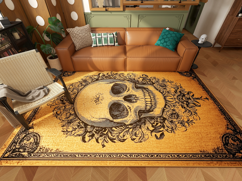 Load image 1 in gallery view. A living room featuring a tan leather couch, green and patterned pillows, a woven chair, and the Skull Frame - Washable Rug - HLW006 in custom size, showcasing a detailed skull with floral designs on an orange background.