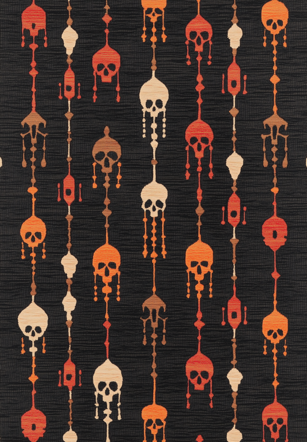 The Skull Lanterns - Washable Rug (HLW005) features a vertical, symmetrical pattern of beige, orange, and red skulls with geometric accents on a black background. Modern and easy to care for, it's perfect as a washable rug.