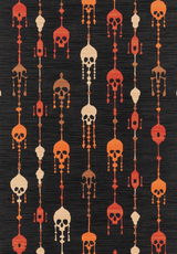The Skull Lanterns - Washable Rug (HLW005) features a vertical, symmetrical pattern of beige, orange, and red skulls with geometric accents on a black background. Modern and easy to care for, it's perfect as a washable rug.