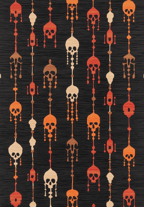 Load image 1 in gallery view. The Skull Lanterns - Washable Rug (HLW005) features a vertical, symmetrical pattern of beige, orange, and red skulls with geometric accents on a black background. Modern and easy to care for, it's perfect as a washable rug.