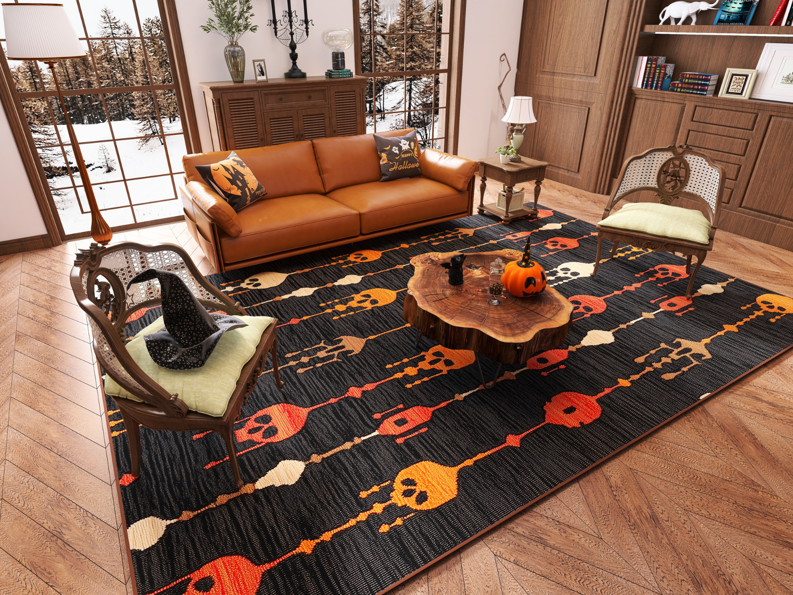 A cozy living room with a brown leather sofa, two wooden chairs, and a unique wooden coffee table. The Skull Lanterns - Washable Rug - HLW005 adds colorful skull patterns, while a pumpkin on the table hints at a Halloween theme.