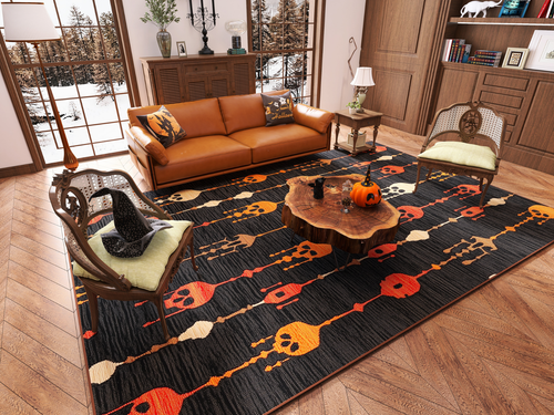 Load image 1 in gallery view. A cozy living room with a brown leather sofa, two wooden chairs, and a unique wooden coffee table. The Skull Lanterns - Washable Rug - HLW005 adds colorful skull patterns, while a pumpkin on the table hints at a Halloween theme.
