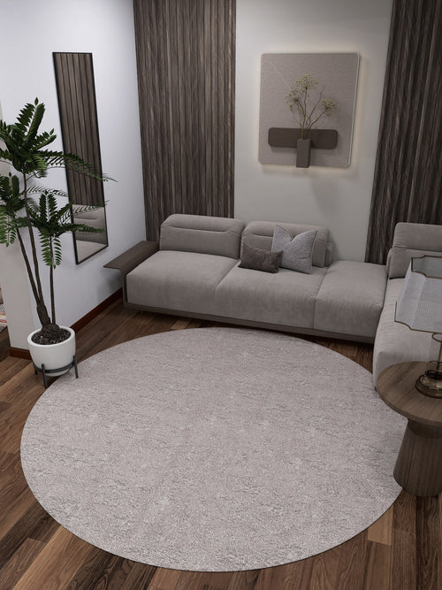 Load image 1 in gallery view. A modern living room with a gray sectional, dark wood floors, the Slate Charm - Washable Rug - JR1740 in cream and beige for high-traffic areas, a potted plant, wall mirror, minimalist art, and a dried floral wall arrangement.
