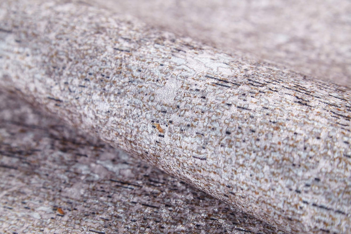 Close-up of Slate Charm - Washable Rug - JR1740 (Custom Size), featuring a textured light gray and brown, bark-like pattern with subtle speckles and natural lines—ideal for cream and beige rugs in high-traffic areas.