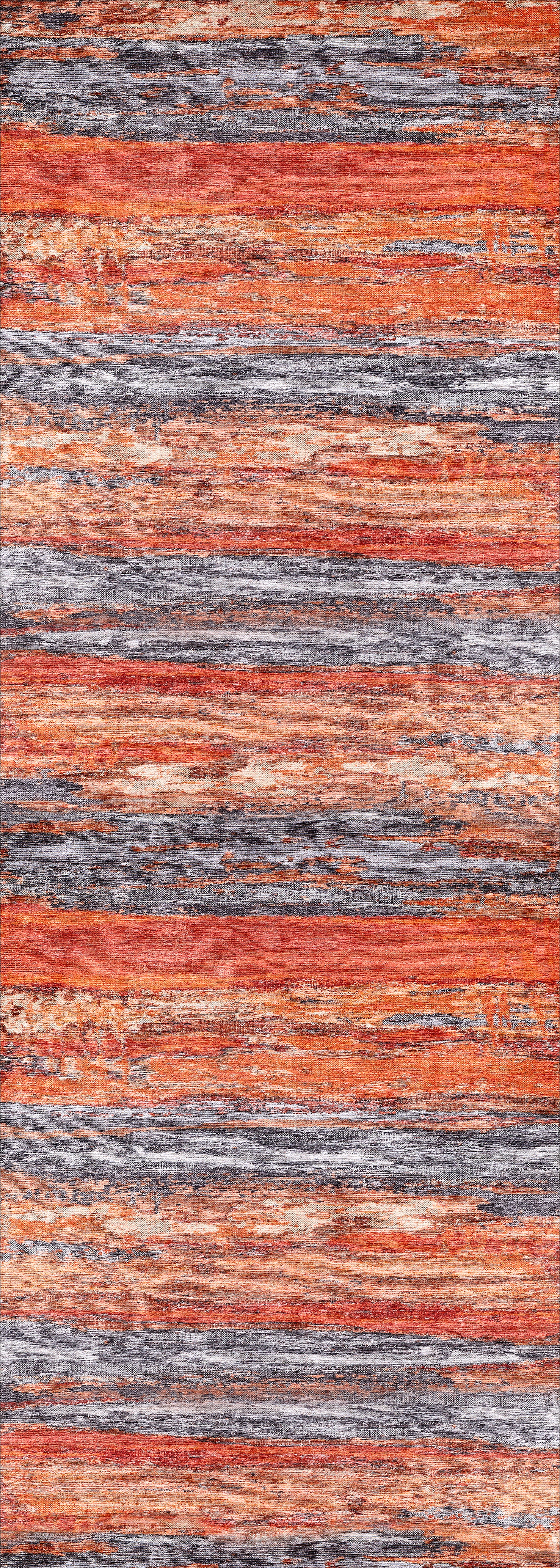 The Sleek Brushed - Washable Rug - JR431 features horizontal stripes in orange, red, blue, and gray with a textured abstract blend—ideal for high-traffic areas and easy to clean.
