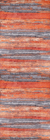 The Sleek Brushed - Washable Rug - JR431 features horizontal stripes in orange, red, blue, and gray with a textured abstract blend—ideal for high-traffic areas and easy to clean.