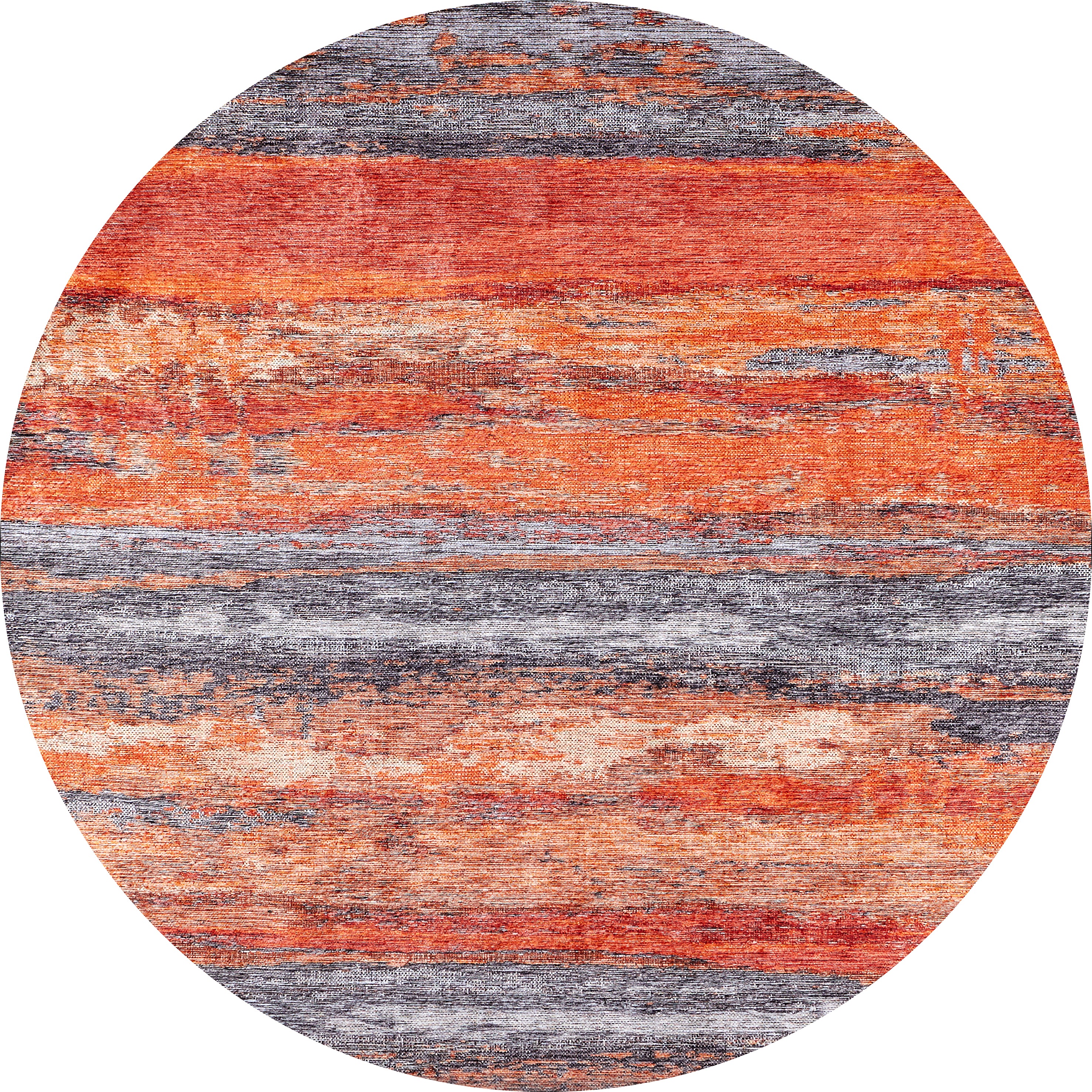 The Sleek Brushed - Washable Rug - JR431 is a round rug with an abstract design featuring orange, red, and gray horizontal streaks. Its durable, washable build is perfect for high-traffic areas while bringing a unique artistic touch to your space.