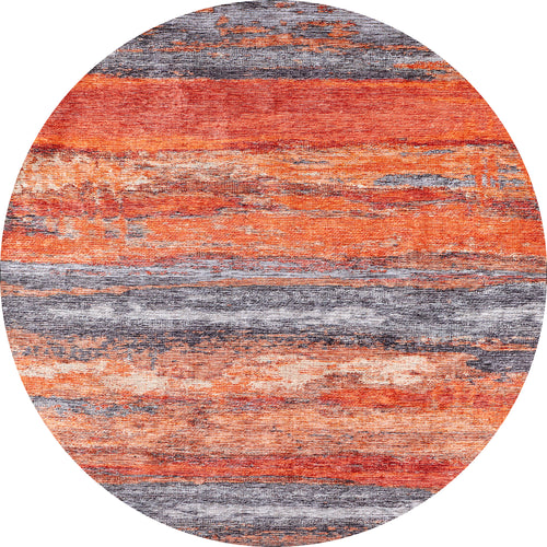 Load image 1 in gallery view. The Sleek Brushed - Washable Rug - JR431 is a round rug with an abstract design featuring orange, red, and gray horizontal streaks. Its durable, washable build is perfect for high-traffic areas while bringing a unique artistic touch to your space.