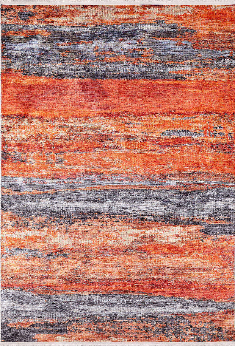 The Sleek Brushed - Washable Rug - JR431 (Custom Size) features abstract horizontal streaks in orange, red, gray, and beige for a textured, painterly sunset look. Its washable design makes it ideal for high-traffic areas.