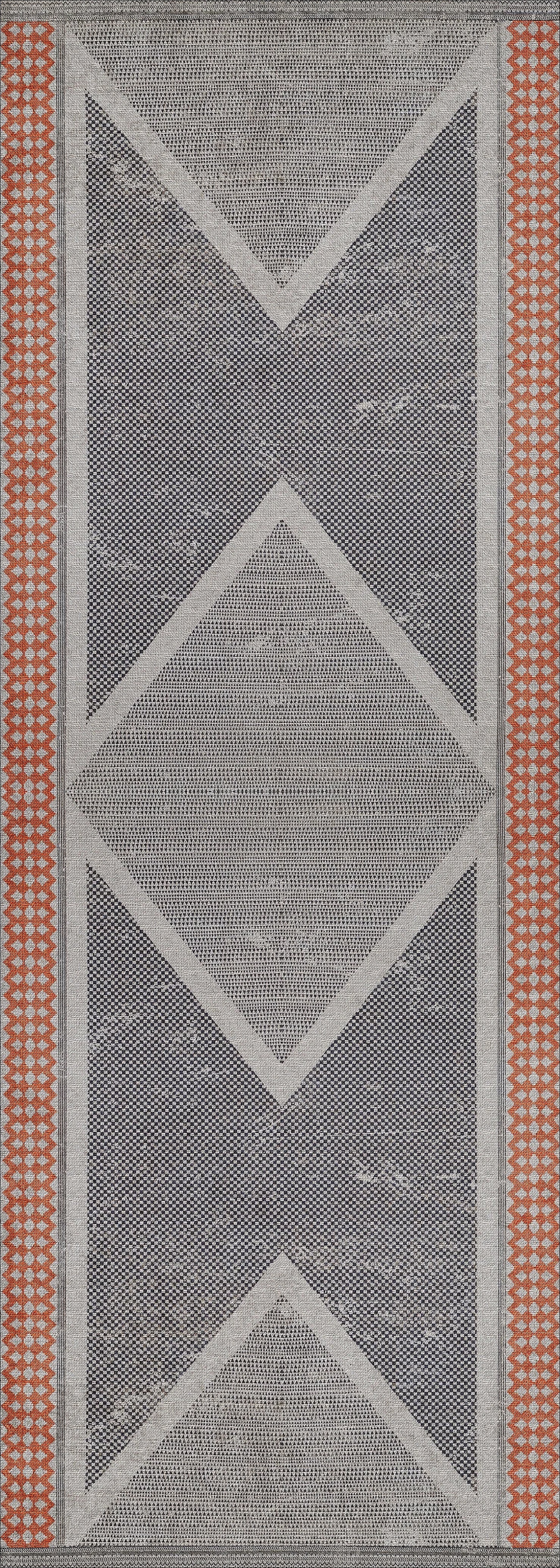 The Sleek Design - Washable Rug - JR1727 features a geometric pattern with a central diamond and hourglass shapes in gray and white, bordered by red and white vertical checkered strips—ideal for high-traffic areas.