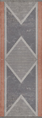 The Sleek Design - Washable Rug - JR1727 features a geometric pattern with a central diamond and hourglass shapes in gray and white, bordered by red and white vertical checkered strips—ideal for high-traffic areas.