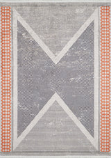 The Sleek Design - Washable Rug - JR1727 (Custom Size) features a gray and white X pattern with dotted detailing and orange geometric borders—ideal for allergy-sensitive homes.