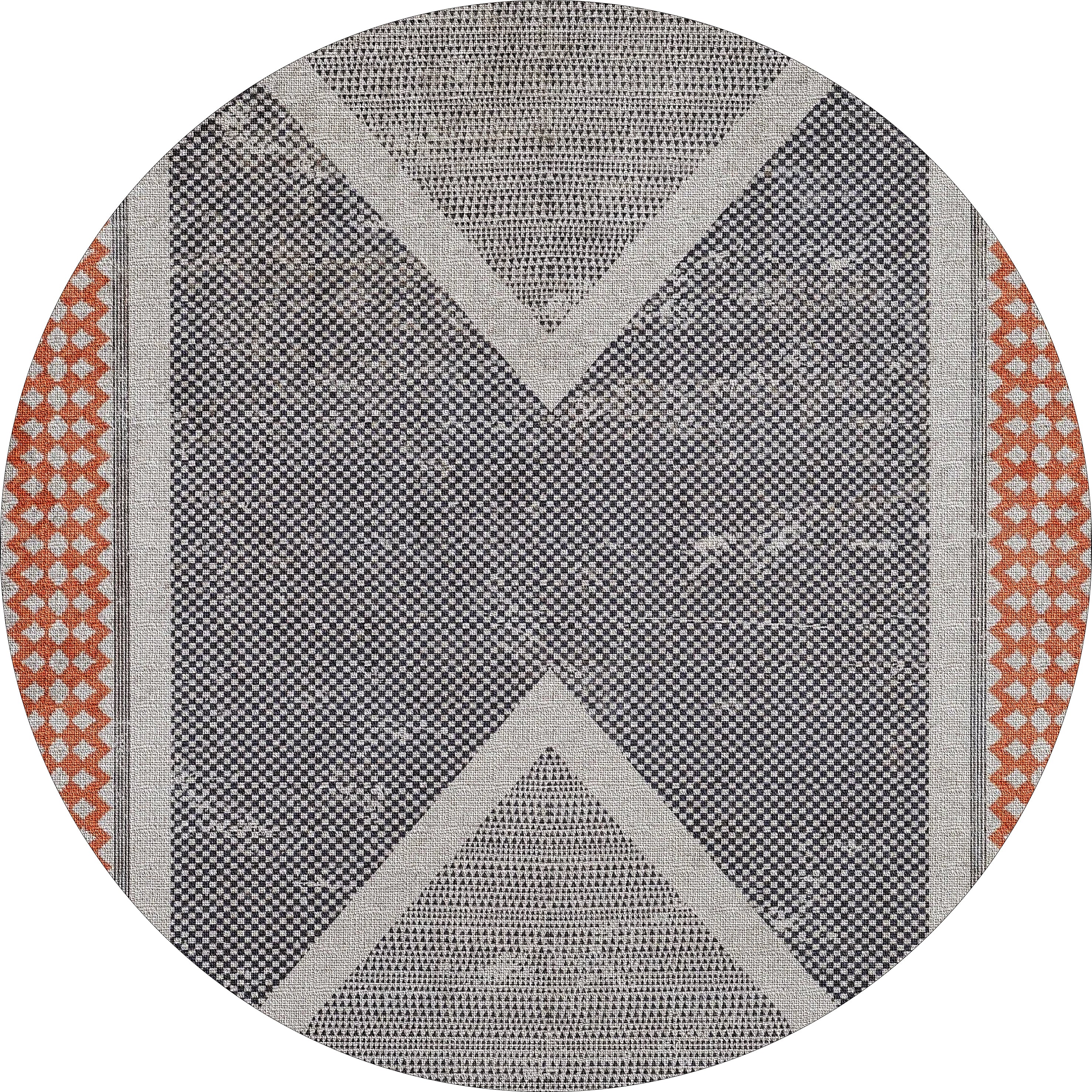 The Sleek Design - Washable Rug - JR1727 features a round, flat weave with a bold geometric X in gray and white, orange diamond accents on a textured black background. Ideal for allergy-sensitive homes and easy to wash for hassle-free care.