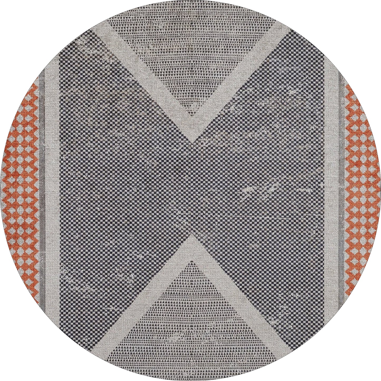 The Sleek Design - Washable Rug - JR1727 features a round, flat weave with a bold geometric X in gray and white, orange diamond accents on a textured black background. Ideal for allergy-sensitive homes and easy to wash for hassle-free care.