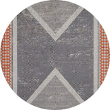 The Sleek Design - Washable Rug - JR1727 features a round, flat weave with a bold geometric X in gray and white, orange diamond accents on a textured black background. Ideal for allergy-sensitive homes and easy to wash for hassle-free care.