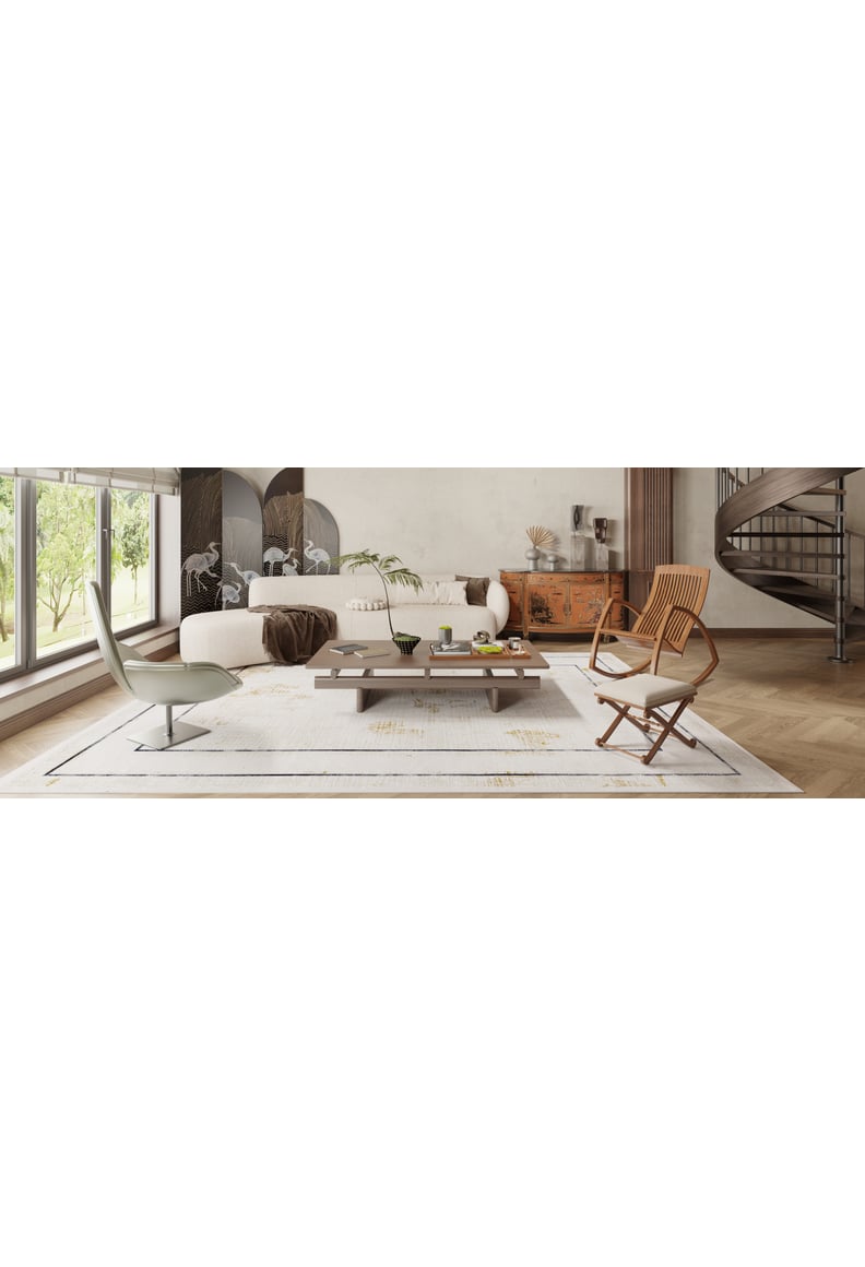 Modern living room with large windows, white sectional sofa, light chairs, wooden coffee table, greenery, decorative items, a wooden sideboard, spiral staircase, and the Sleek and Contemporary - Washable Rug - JR1365 (Outlet) US.