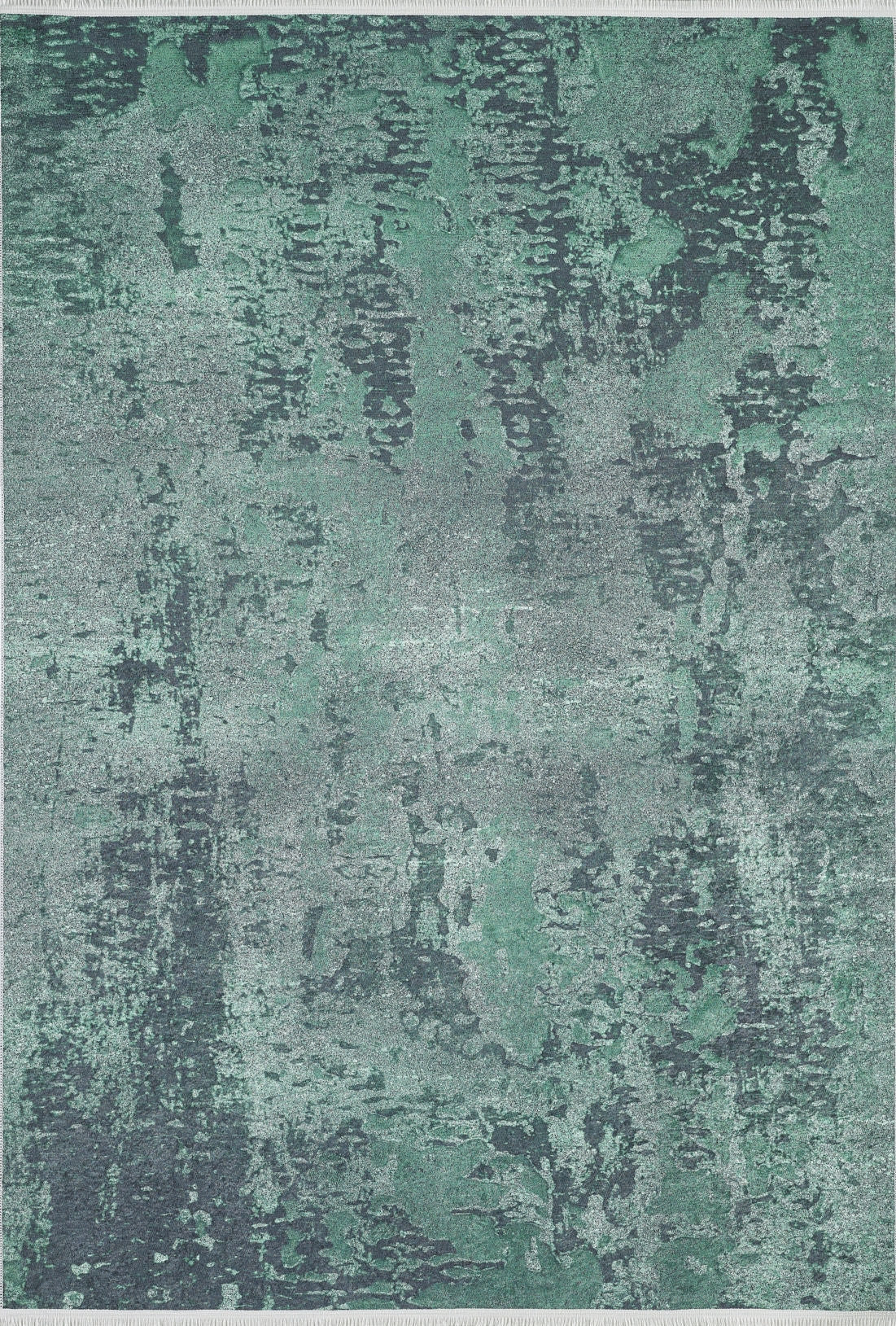 The Smokey Mountains - Washable Rug - JR1631 (Custom Size) features an abstract green and gray flat weave design with a distressed pattern in varied shades, plus hints of black. Stylish, practical, and easy to clean.