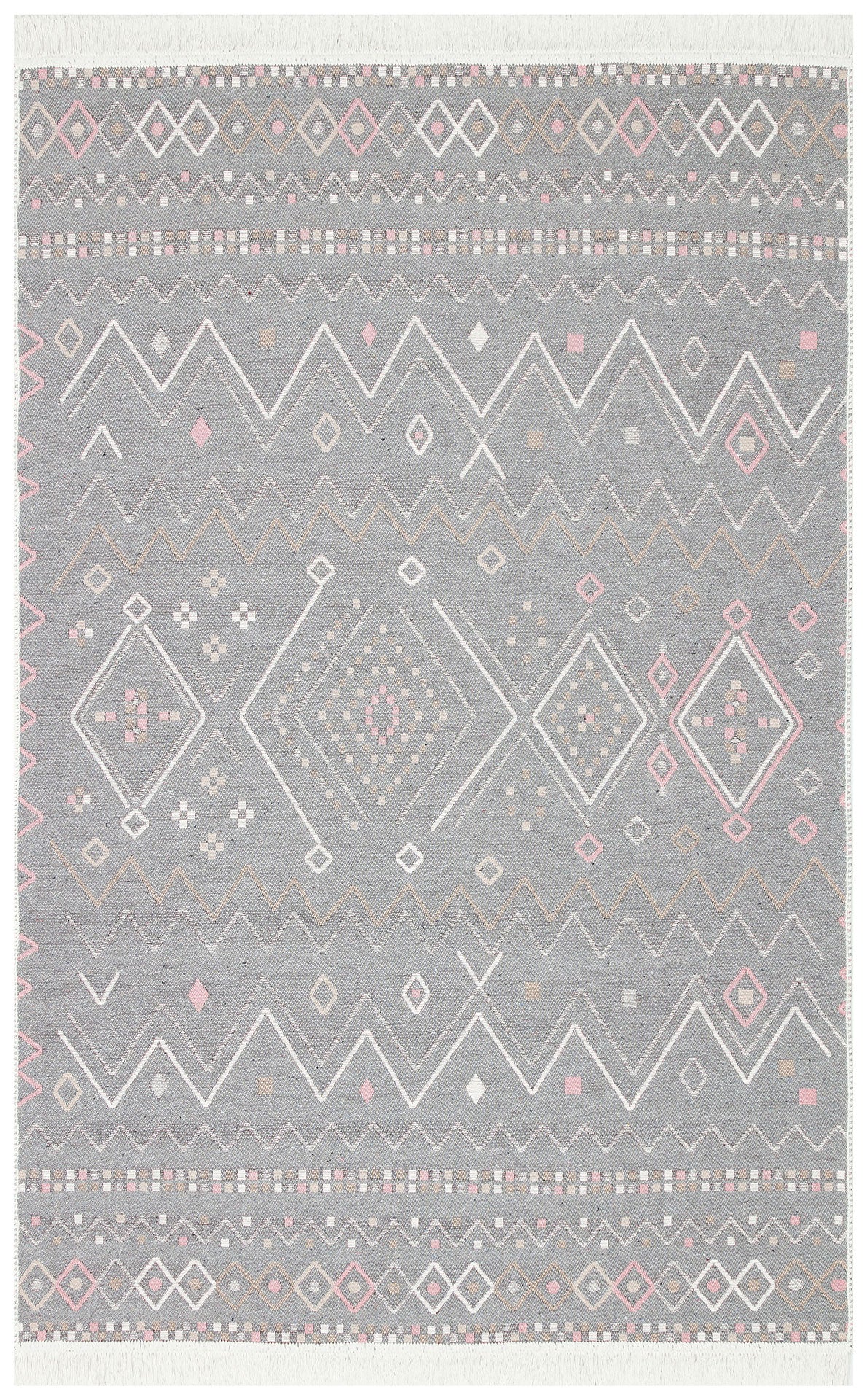 The Soft Bloom - Washable Reversible Kilims - AR05 is a rectangular rug with a grey background and geometric patterns in white, pink, and tan, featuring diamonds, zigzags, and dots in a symmetrical layout.