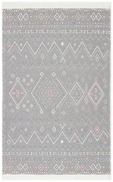 The Soft Bloom - Washable Double-Sided Kilims - AR05 is a gray rug with geometric patterns in white, pink, and beige—featuring diamonds, zigzags, and dots in horizontal rows. It’s fully washable for easy care.