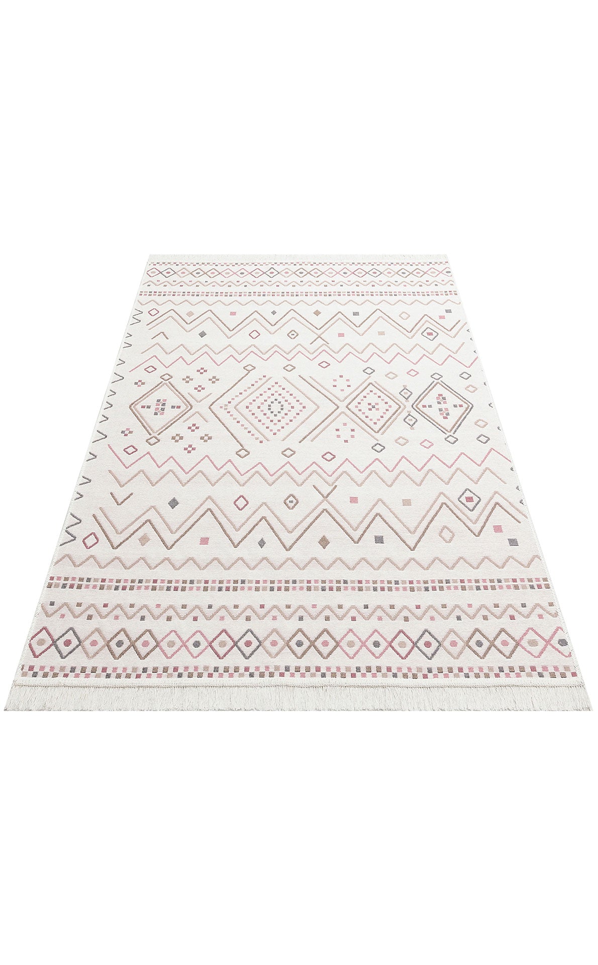 The Soft Bloom - Washable Reversible Kilims - AR05 is a light-hued geometric rug with pink, gray, and beige tones. Its modern design features diamonds, zigzags, and small squares arranged in horizontal rows.