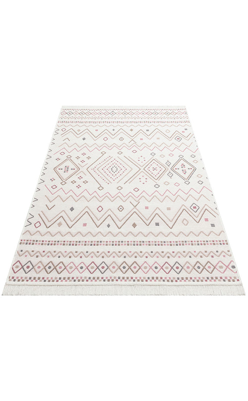 Load image 1 in gallery view. The Soft Bloom - Washable Reversible Kilims - AR05 is a light-hued geometric rug with pink, gray, and beige tones. Its modern design features diamonds, zigzags, and small squares arranged in horizontal rows.