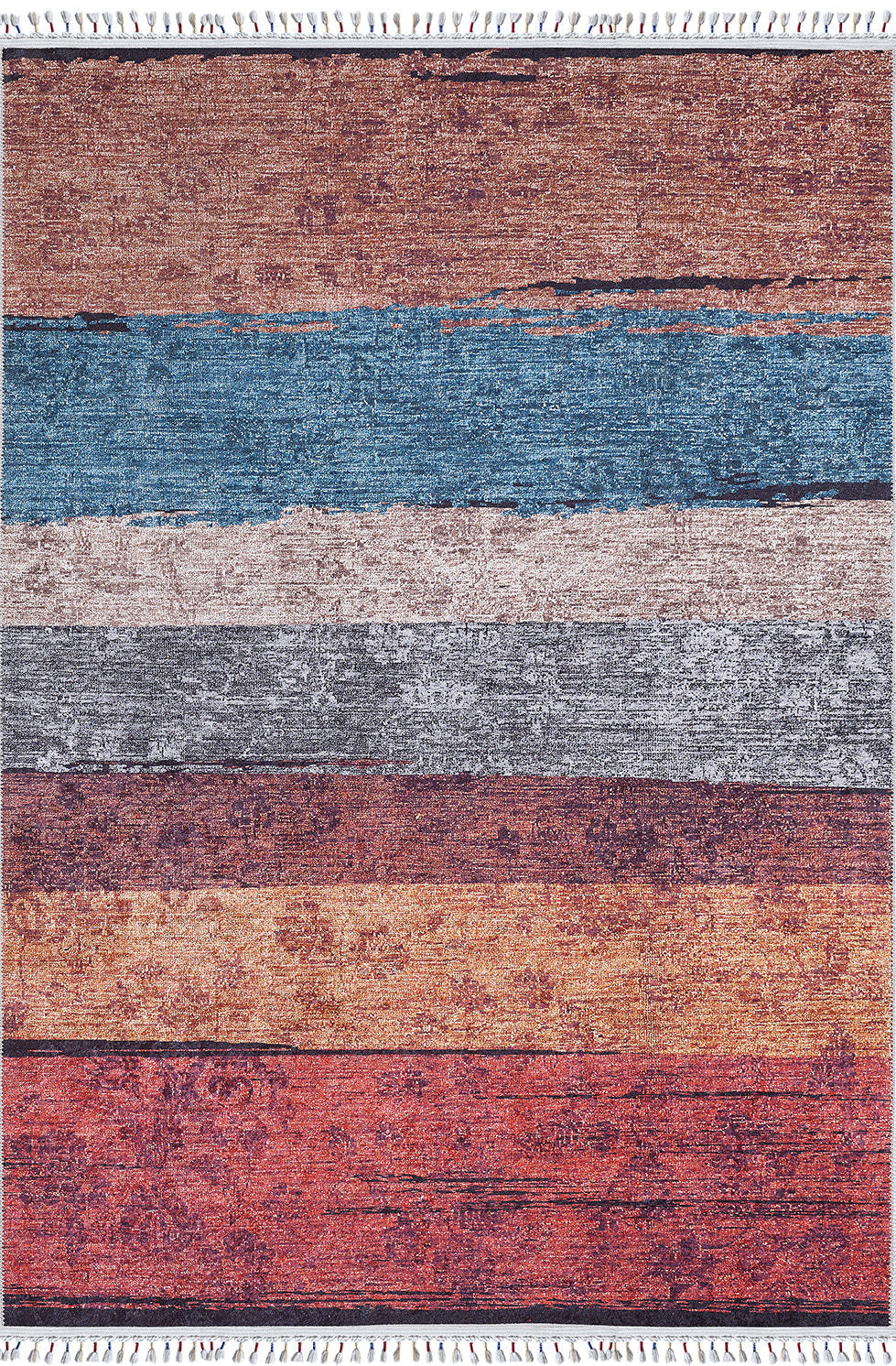 The Soft Brushed - Washable Rug - JR5056 (Custom Size) features horizontal red, orange, brown, blue, and gray stripes with a distressed look. Its fringed edges and durable build make it perfect for busy spaces.