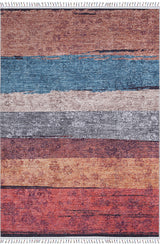 The Soft Brushed - Washable Rug - JR5056 (Custom Size) features horizontal red, orange, brown, blue, and gray stripes with a distressed look. Its fringed edges and durable build make it perfect for busy spaces.