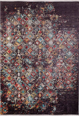The Soft Haze - Washable Rug - JR1094 (Custom Size) features a large, vintage-style distressed pattern in red, blue, yellow, and white on dark brown. Its faded design and washable material make it ideal for high-traffic areas.