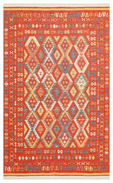 The Soft Mosaic - Kilim - NMD08 is a vibrant rug with a bold geometric diamond pattern in red, blue, yellow, and cream, featuring a wide red border with traditional motifs and intricate designs.