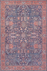 The Solstice Red Navy Washable Rug (LCC3026) features ornate Persian-inspired floral and geometric patterns in blue, red, and ivory, a central medallion, detailed borders, and a washable surface ideal for allergy-sensitive homes.