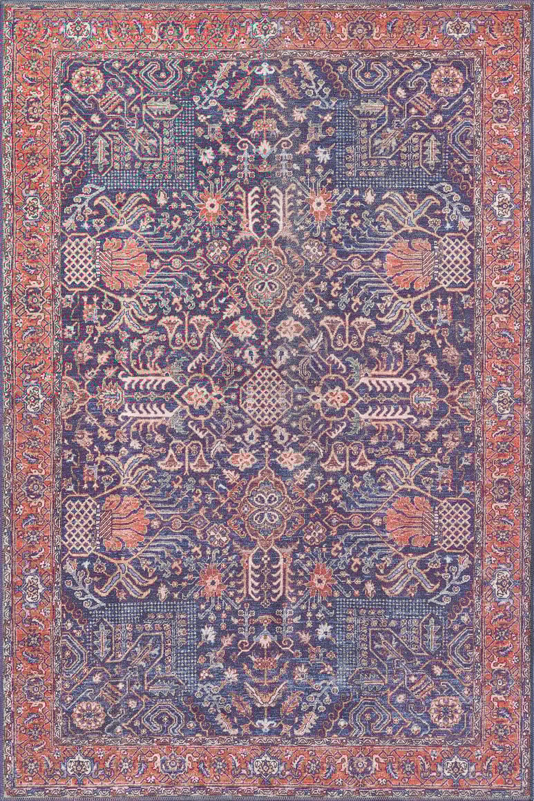 The Solstice Red Navy Washable Rug - LCC3026 features a symmetrical floral and geometric pattern in blue, red, and cream with an ornate border. Durable and perfect for high-traffic areas, it offers a rich, textured look in any custom size.