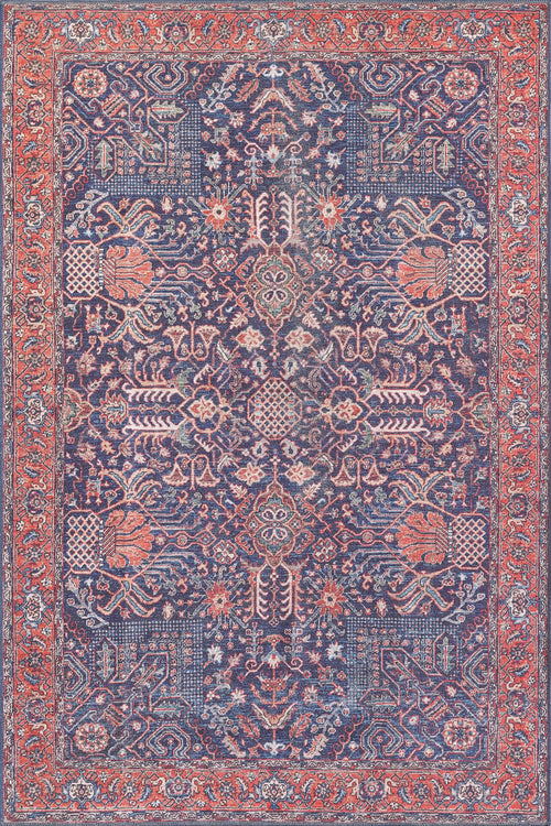 Bild 1 in Galerieansicht laden. The Solstice Red Navy Washable Rug - LCC3026 features a symmetrical floral and geometric pattern in blue, red, and cream with an ornate border. Durable and perfect for high-traffic areas, it offers a rich, textured look in any custom size.